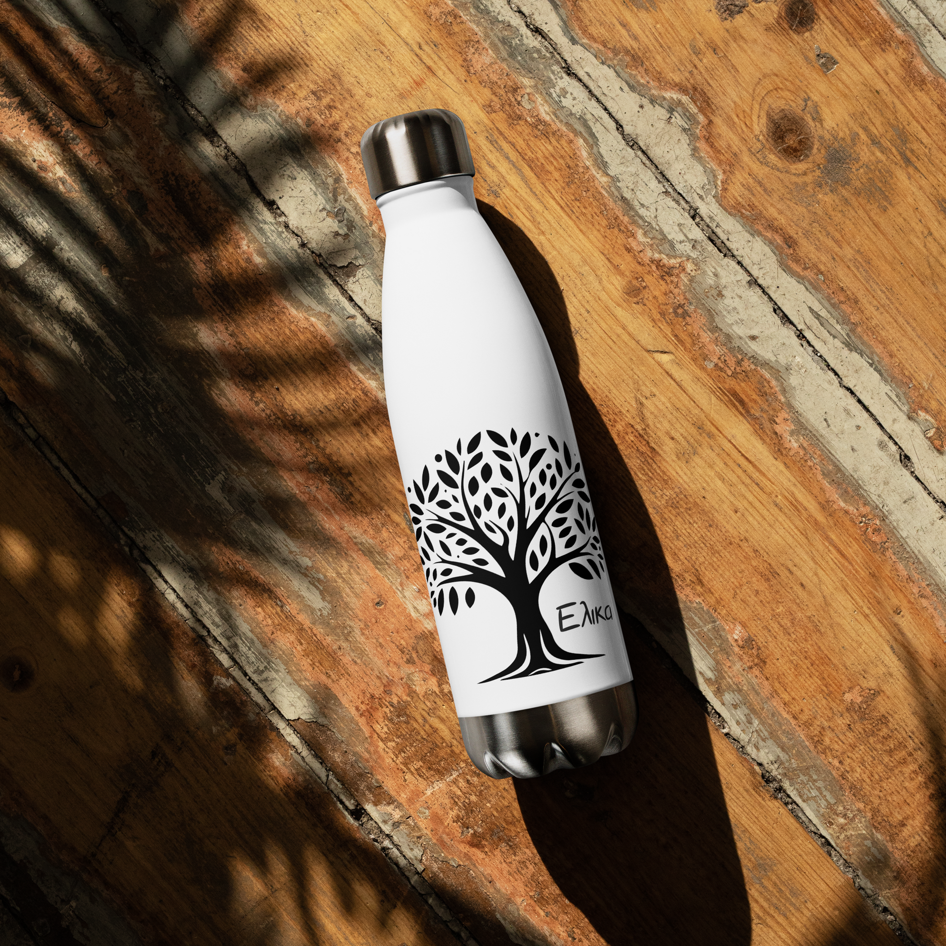 Greek stainless steel water bottle white Elika olive tree