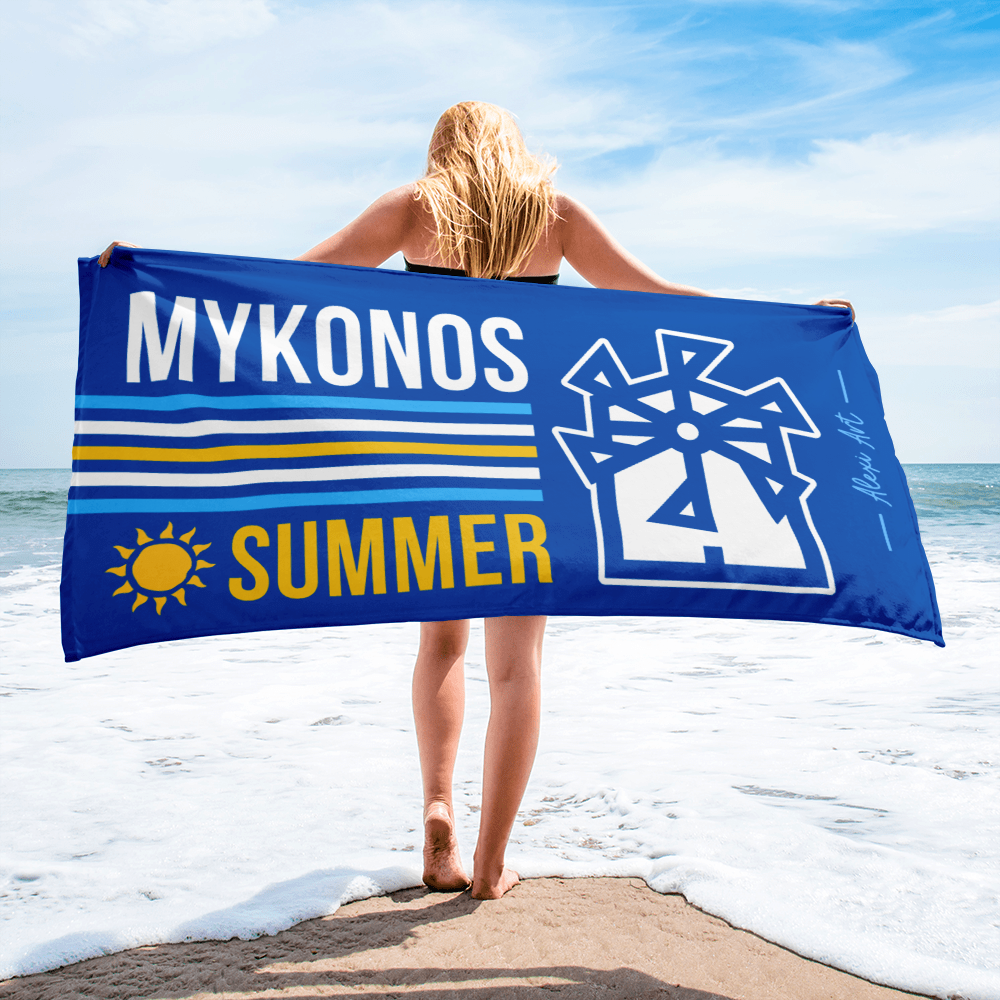 Mykonos summer windmill Greek premium beach towel