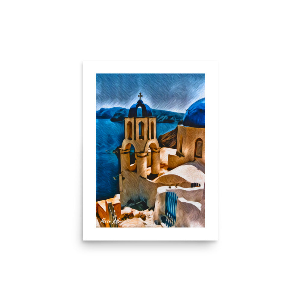 Santorini Blue Dome Church - Pastel Art Poster