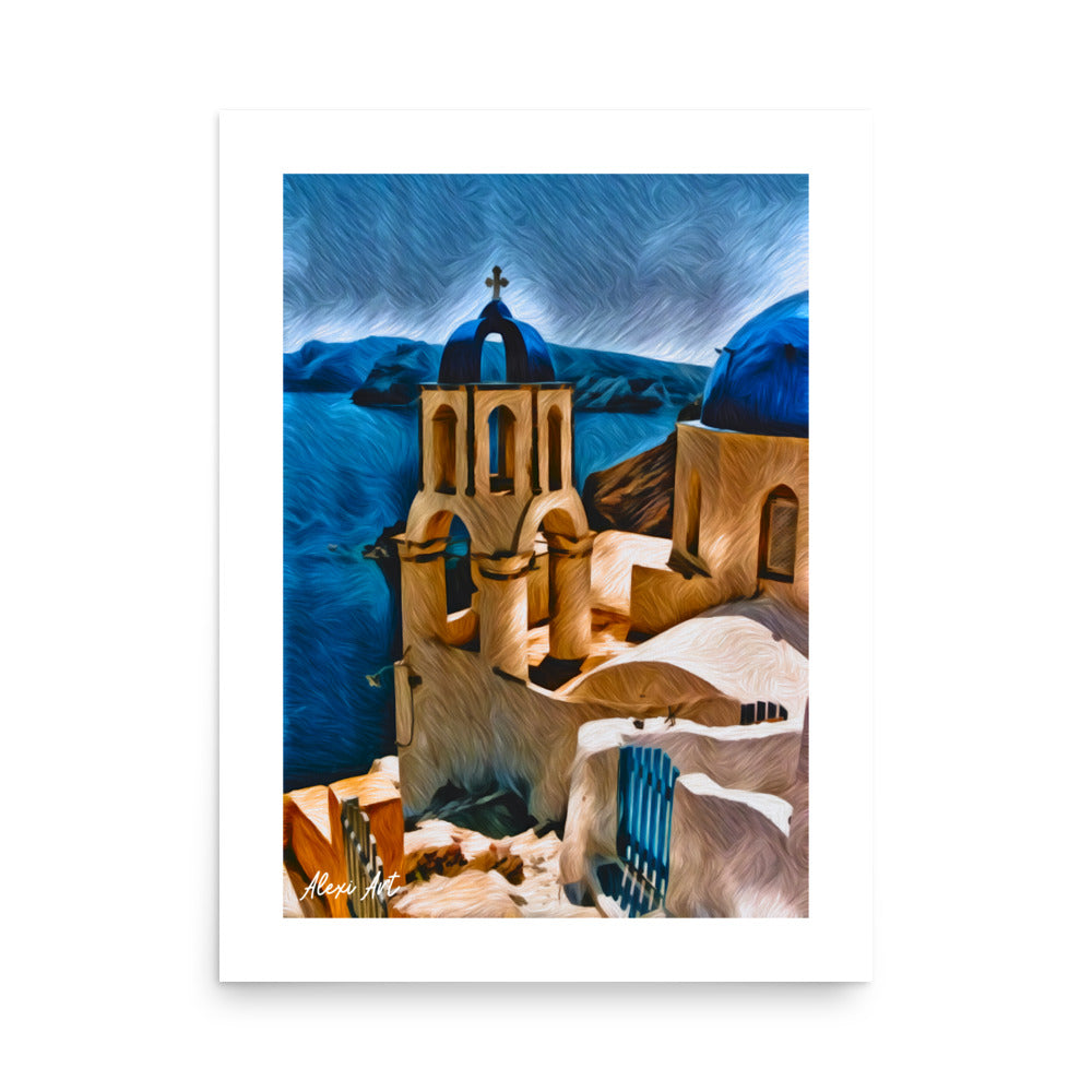 Santorini Blue Dome Church - Pastel Art Poster